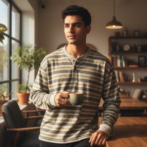 90s County Seat Mens Long‎ Sleeve Striped Henley Shirt Beige Khaki XL